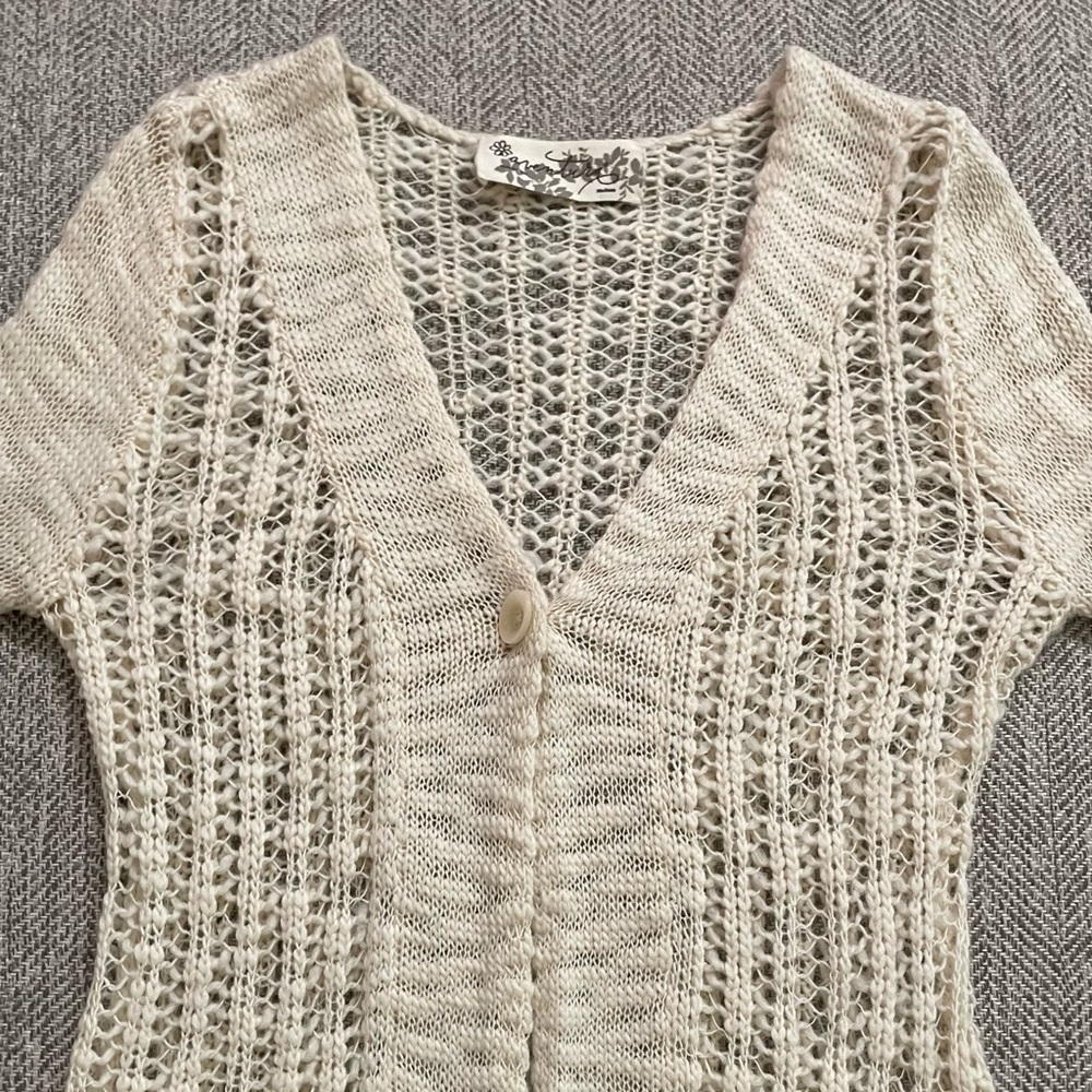 Aventura Pointelle Knit Cardigan Wool Blend Cream Layering Boho Open Knit - Picture 4 of 7